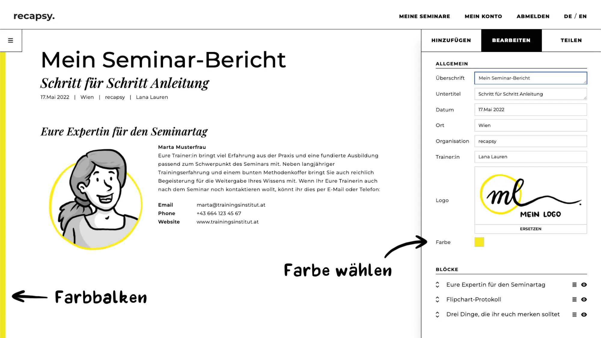 Farbe für Seminar-Bericht ändern